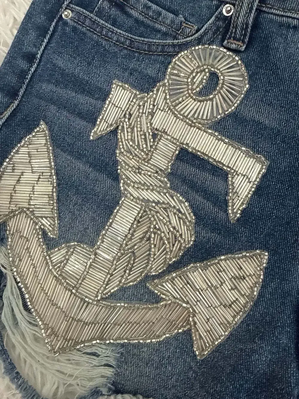 Judith March 5/27 Denim Shorts with Beaded Anchor Applique